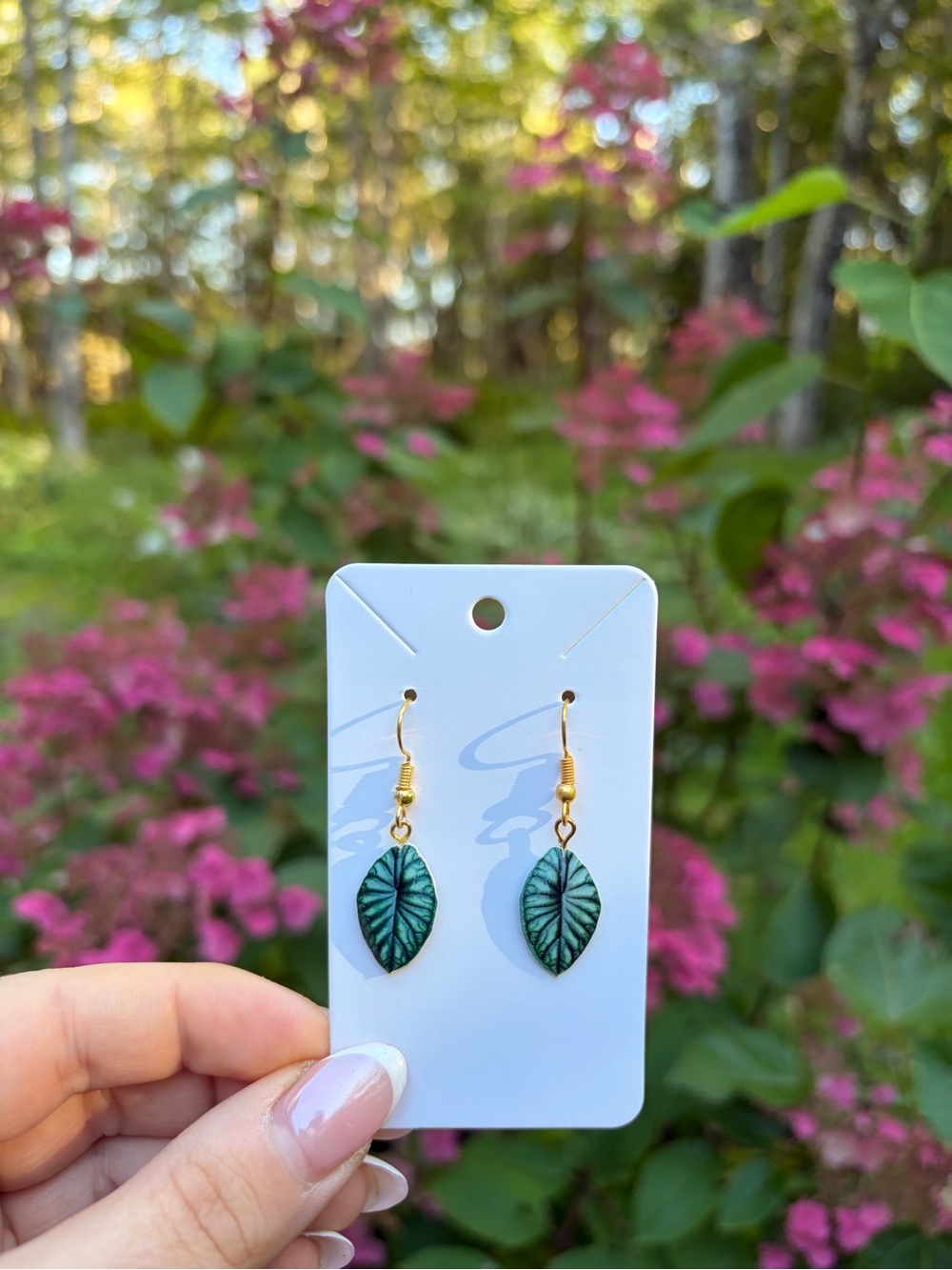 Gold Hook Green Leaf Dangle Earrings